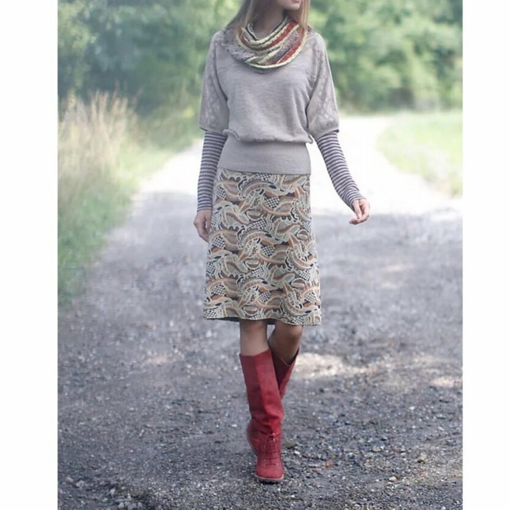 Anthropologie SPARROW Sweater Knit Skirt Abstract Forest Print Navy Tan Mustard - Picture 10 of 10